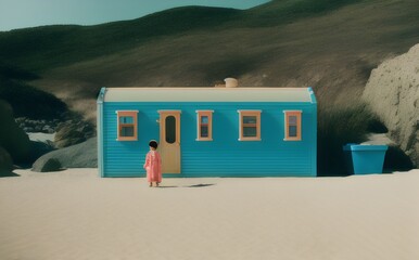 a girl standing in front of a blue house - Generative AI