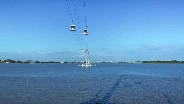 Cable Car Over The Guayas River In Daytime In Guayaquil, Ecuador. - handheld