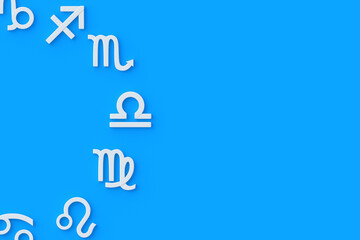 Obraz premium Astrological signs on blue background. Metallic golden zodiac symbol. Horoscope and numerology. Astrological calendar. Top view. Copy space. 3d render