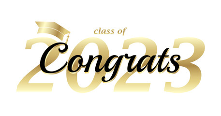 Congratulations graduates class of 2023, black text, gold, graduation cap, isolated white background, banner, graduation card. Vector illustration