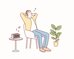 Obraz na płótnie Canvas man listening to music in wireless headphones sitting in armchair. Hand drawn style vector design illustrations.