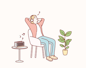woman listening to music in wireless headphones sitting in armchair. Hand drawn style vector design illustrations.