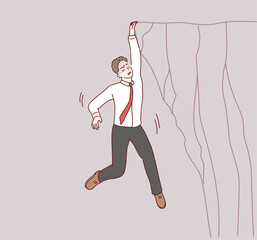 businessman hanging on the edge of cliff. Business failure concept vector illustration. Hand drawn style vector design illustrations.