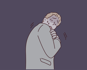 man covering his mouth with his hands and round eyes experiencing deep amazement and fear. Hand drawn style vector design illustrations.