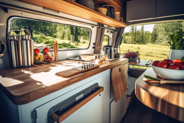 Composition of a camper van kitchen in knolling style. Van life.  - obrazy, fototapety, plakaty