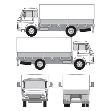 truck outline, 1993, for business, business, expedition. isolated white background, front, back, top and side view