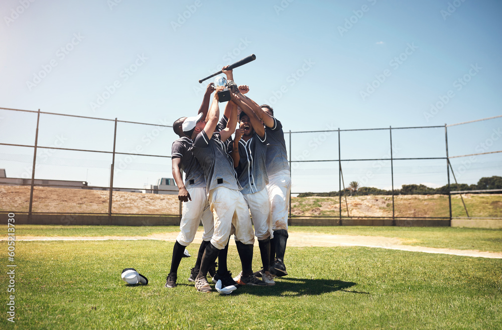 Sticker Baseball team, sports and men winning competition or game on field. Excited group of athlete friends celebrate achievement, win or teamwork and fitness goal for professional sport outdoor with a bat