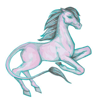 Vector Watercolor drawing horse Fairytale unicorn children book illustration flat style. Blue pink purple violet rainbow colors. smudges of paint spot ink. Print  girls poster sticker design clip art