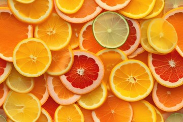 Fototapeta premium Seamless pattern with juicy orange, grapefruit and lime slices, organic fresh fruit background citrus endless texture. AI generative image.