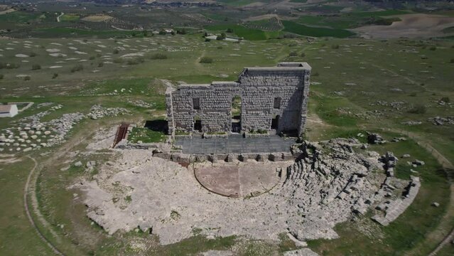 Aerial pull out landscape shot of the Roman Theather in Malaga, Spain.