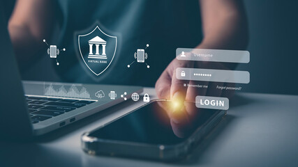 Virtual bank and digital banking concept, user login to financial ecosystem for security, data protection, security internet access, password, cyber security, cyberspace, padlock, CBDC, digital money.