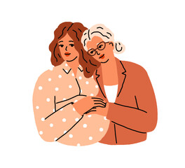 Women couple expecting baby. Lesbian girls family hugging, LGBT love partners with pregnant mom. Female friends, girlfriends and pregnancy. Flat vector illustration isolated on white background