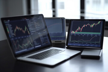 analysis stockmarket with digital tablet and laptop in office