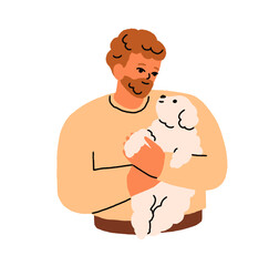 Man holding cute puppy. Happy pet owner and adorable little dog looking at each other. Person caring about companion doggy, pup, canine animal. Flat vector illustration isolated on white background