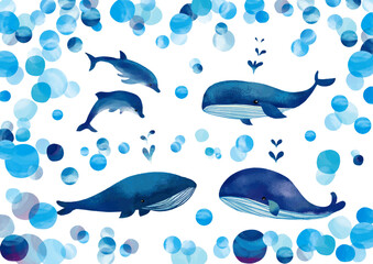 水彩タッチ　鯨とイルカと水玉ふわふわセット Summer Series:Watercolor touch: Whales, dolphins and fluffy polka dots set © kanichi