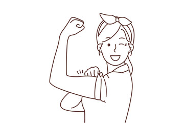Smiling woman show muscles feeling powerful 