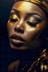 Illustration of a beautiful young black woman artistically decorated with gold paint and elements. Created with Generative AI technology.