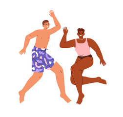 Happy men friends in swimwear, jumping up, greeting summer holiday with hi gesture. Smiling guys couple in beach trunks, rejoicing vacation. Flat vector illustration isolated on white background