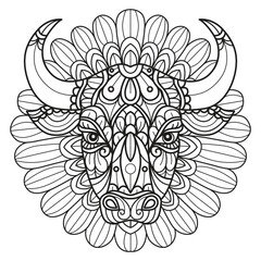 Red bull and flowers hand drawn for adult coloring book