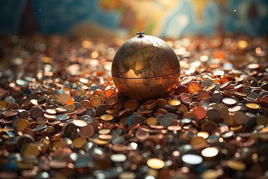 A World Globe Resting on Pile of Mixed Colorful Shiny Coins Illustration. Generative AI.