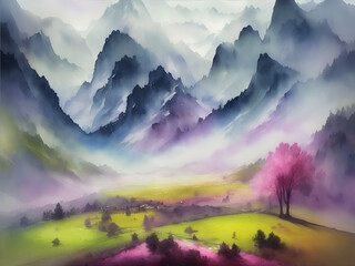 Spring Alps lanscape. AI generated illustration