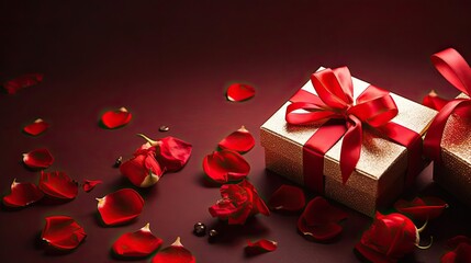Valentine day banner design of a collection of Gift box and red flowers on red pastel background side view