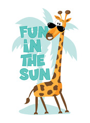 Fun in the sun - funny giraffe in island. Happy Summer decoration. good for baby clothes, poster, card, label, cover and other.