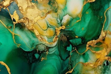 アルコールインクアート風の緑の渦と金色の装飾。カラフルな抽象背景。AI生成画像
