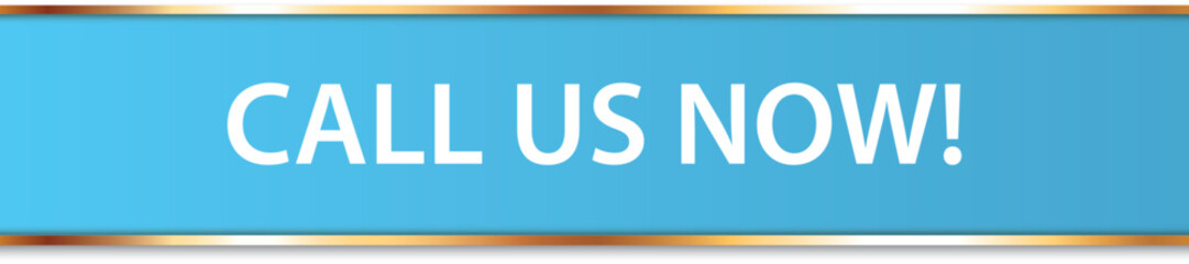 CALL US NOW - vector illustration of long blue colored ribbon banner with gold frame	
