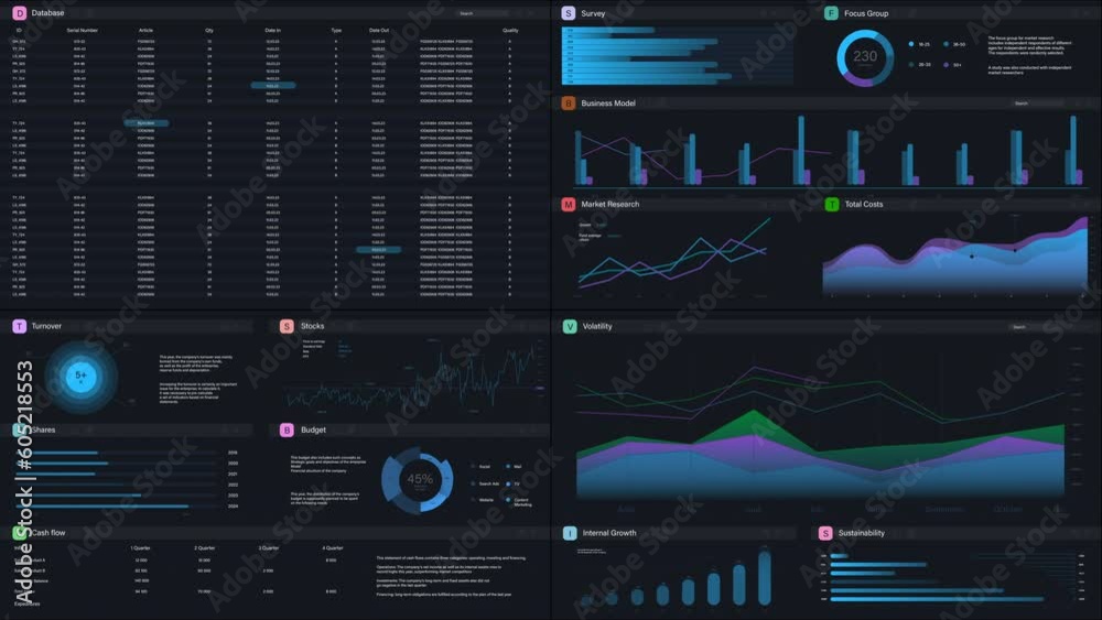 Poster Business Management Application Interface With Graphs, Charts, and Data Opened in Multiple Windows On Dark Background. Software Mockup For e-Commerce Entrepreneurs. Template For Computers, Laptops.
