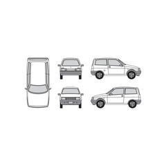 mini car outline, year 1996, isolated white background, front, back, top and side view
