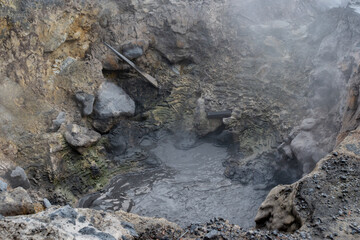 Hole in the geothermal zone of Furnas with thick texture and boiling and smoke, São Miguel - Azores PORTUGAL