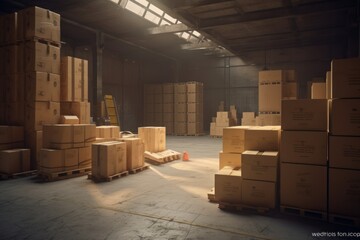 Inside view of warehouse, cardboard boxes stacked high, awaiting shipment. Symbolizes storage and logistics operations. Created by AI.