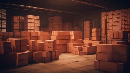 Spacious warehouse storing cardboard boxes, geared up for shipment. Represents the storage and logistics industry. Created by AI.