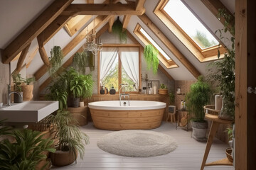 Modern cozy wooden bathroom, eco interior design with beige colors and plants. Super photo realistic background, generative ai illustration