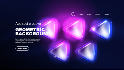 Abstract background landing page, glass geometric shapes with glowing neon light reflections, energy effect concept on glossy forms