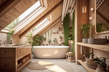 Fototapeta na wymiar Modern cozy wooden bathroom, eco interior design with beige colors and plants. Super photo realistic background, generative ai illustration