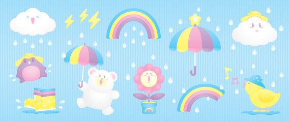 cute kawaii illustration graphic element vector set in rainy day concept for decoration your artwork