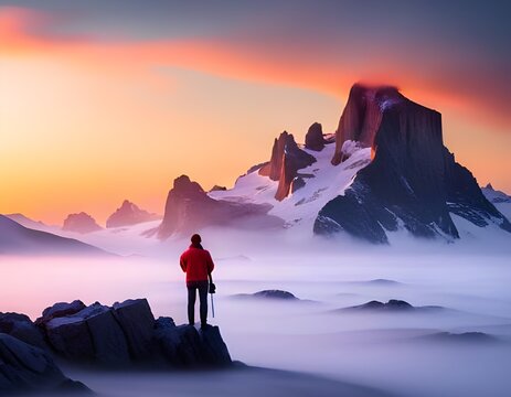 Mountaineer at the top of the mountain observing nature in front of him. Concept of overcoming obstacles, strength, courage, progress, advancement, evolution. Created with generative AI technology.