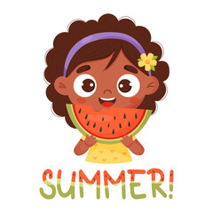 Happy black ethnic girl with piece of watermelon. Cute cartoon character child eats watermelon. Vector illustration. Summer postcard .