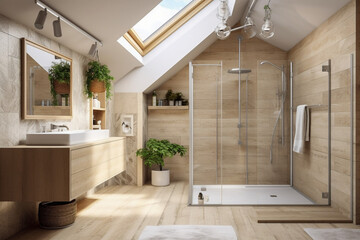 Plakat Modern cozy wooden bathroom, eco interior design with beige colors and plants. Super photo realistic background, generative ai illustration