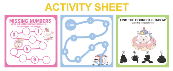 Activity sheet for children. 3 in 1 Educational printable worksheet. Missing numbers, maze game, and matching shadow worksheet. Vector illustrations.
