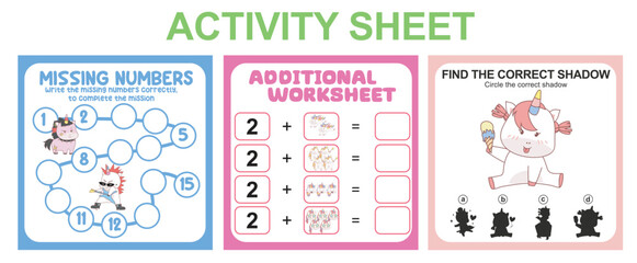 Activity sheet for children. 3 in 1 Educational printable worksheet. Missing numbers, counting worksheet and matching shadow worksheet. Vector illustrations.