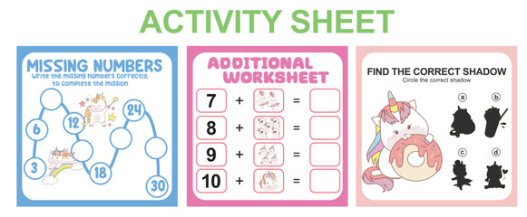 Activity sheet for children. 3 in 1 Educational printable worksheet. Missing numbers, counting worksheet and matching shadow worksheet. Vector illustrations.