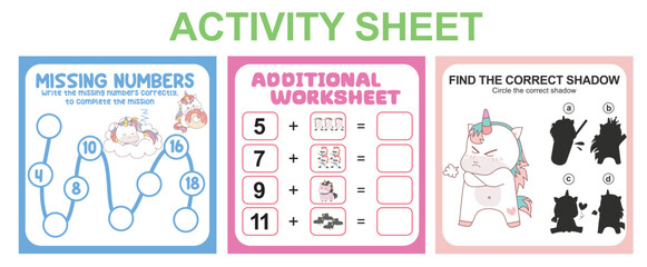 Activity sheet for children. 3 in 1 Educational printable worksheet. Missing numbers, counting worksheet and matching shadow worksheet. Vector illustrations.