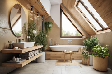 Fototapeta premium Modern cozy wooden bathroom, eco interior design with beige colors and plants. Super photo realistic background, generative ai illustration