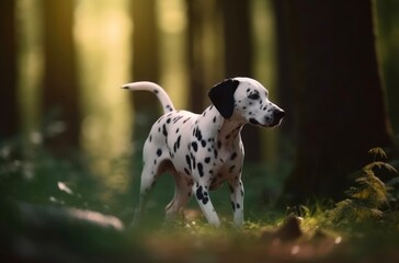 Dalmatian is walking in the forest. Generative AI.