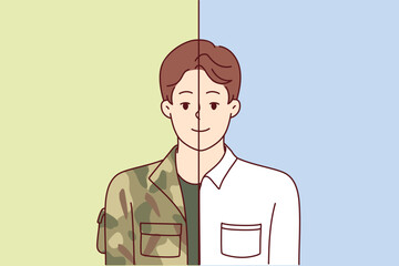 Man in military and office clothes simultaneously symbolizes dismissal from army and beginning of civilian career. Guy is former military man who became manager or opened own business