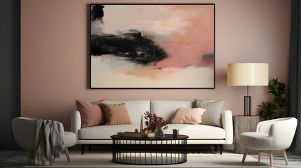 Stylish Living Room Interior with a Frame Poster, Modern interior design, 3D render, 3D illustration