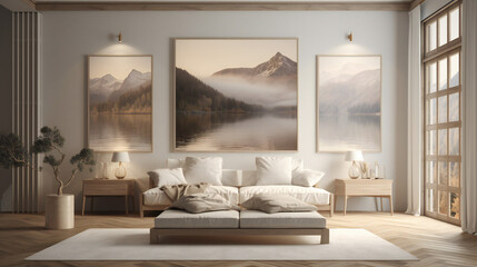 Stylish Living Room Interior with a Frame Poster, Modern interior design, 3D render, 3D illustration